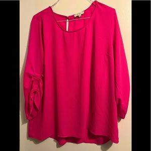 Umgee pink blouse with rouched/gathered sleeves, keyhole back